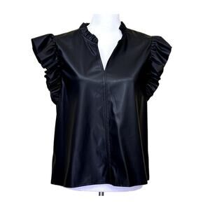 Willa Story black pleather top, ruffle neck and sleeves, large, minimalist